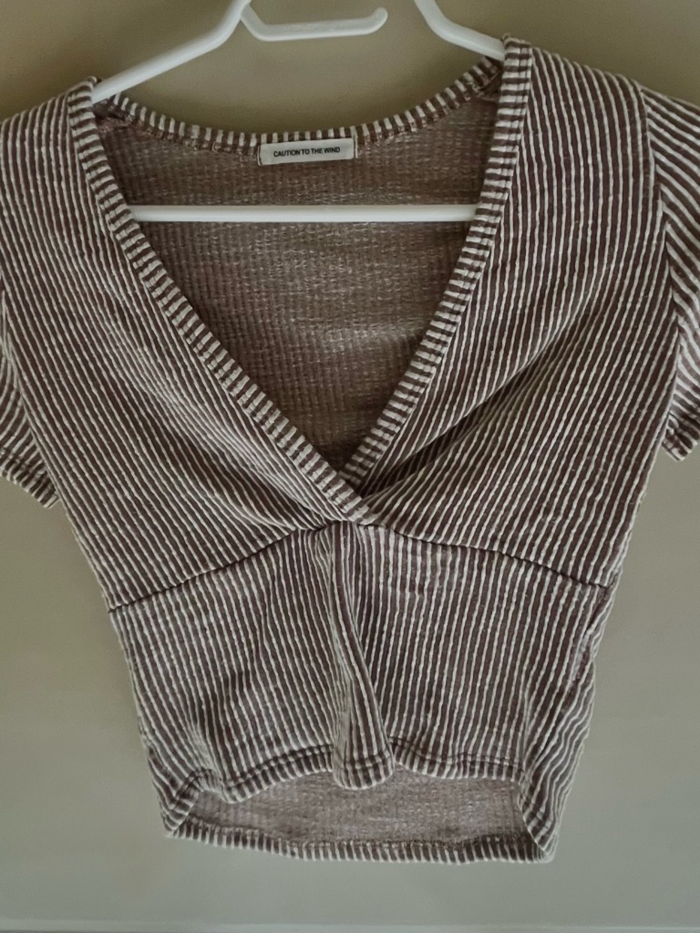 Caution To The Wind Brown & White Striped Crossover V-Neck Crop Top